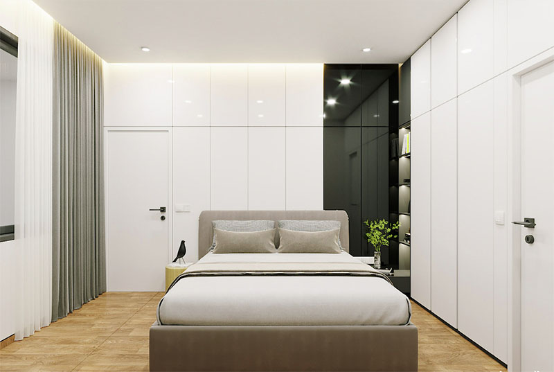 Phòng ngủ tối ưu diện tích với tủ âm tường