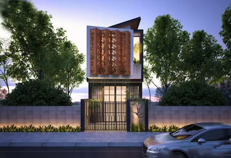 nhà phố 2 tầng trang trí tường hoa gió
