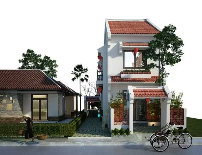 Nhà phố 2 tầng mái ngói đỏ truyền thống