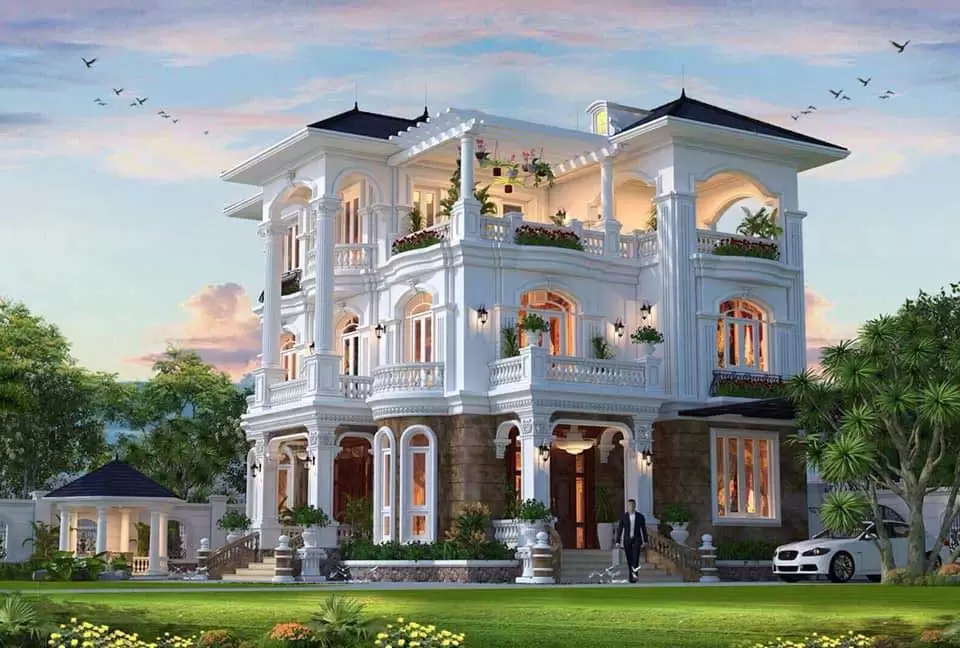 Mẫu biệt thự 3 tầng mái Thái sân vườn 
