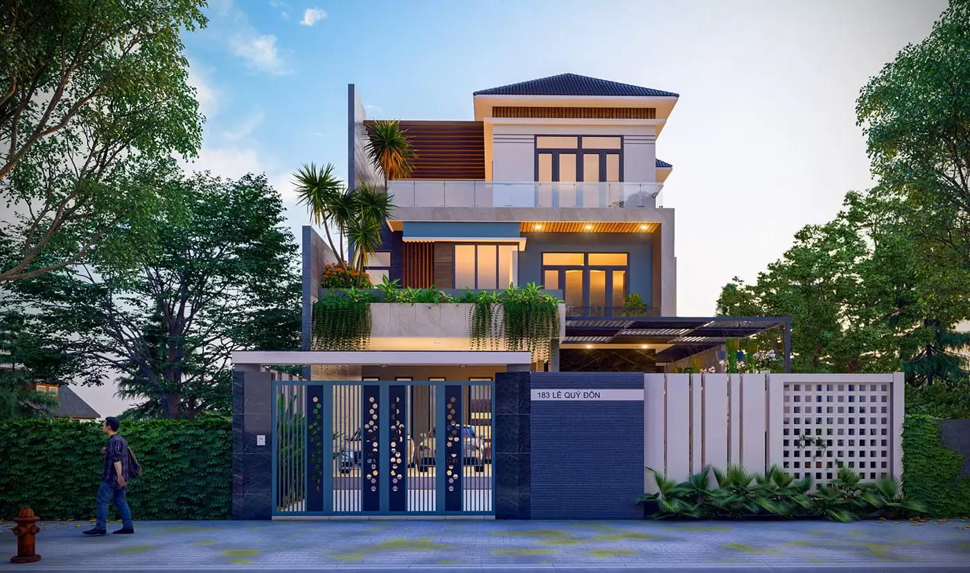 Mẫu biệt thự 3 tầng mái Thái sân vườn 
