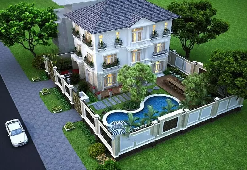 Mẫu biệt thự 3 tầng mái Thái sân vườn 