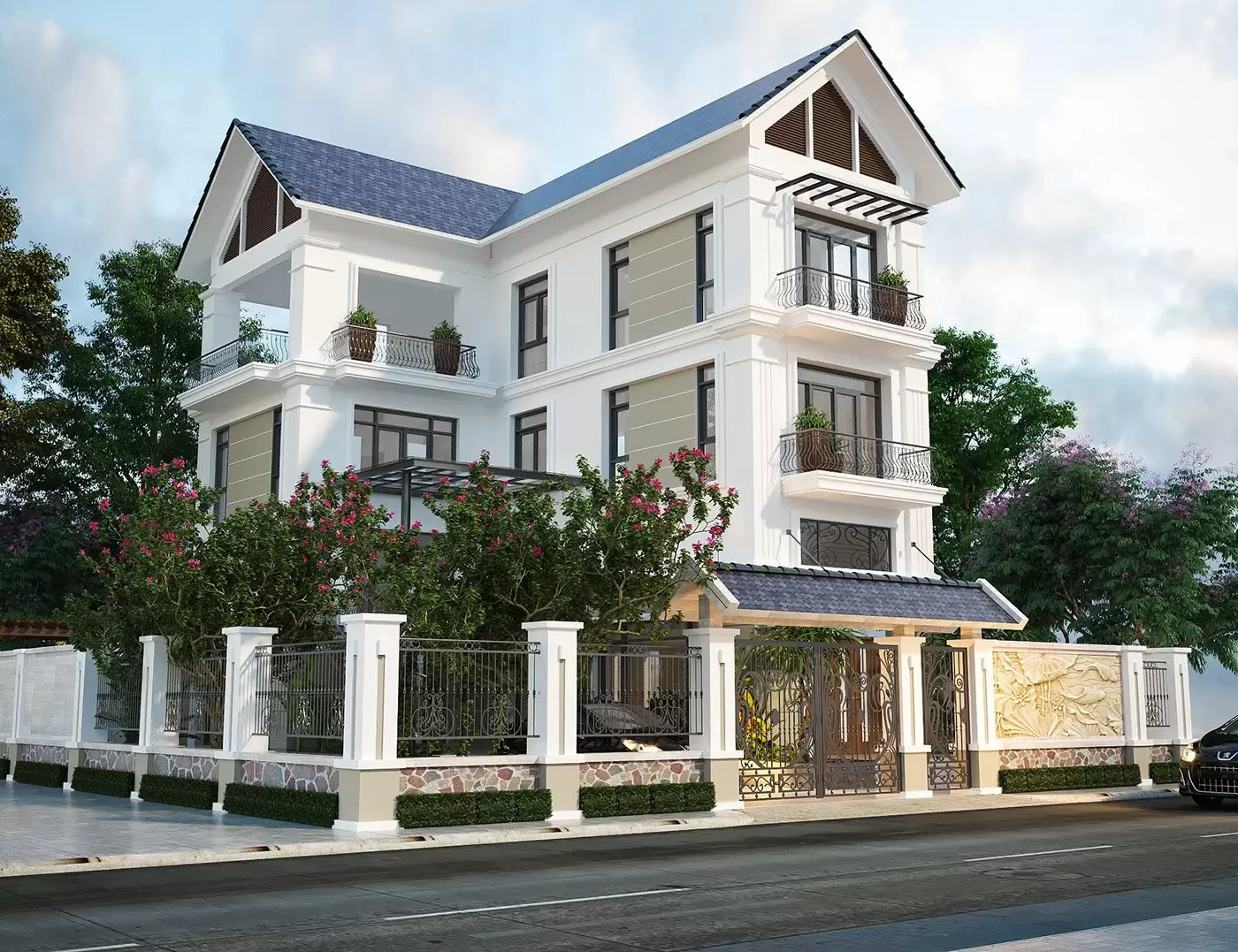 Mẫu biệt thự 3 tầng mái Thái sân vườn 