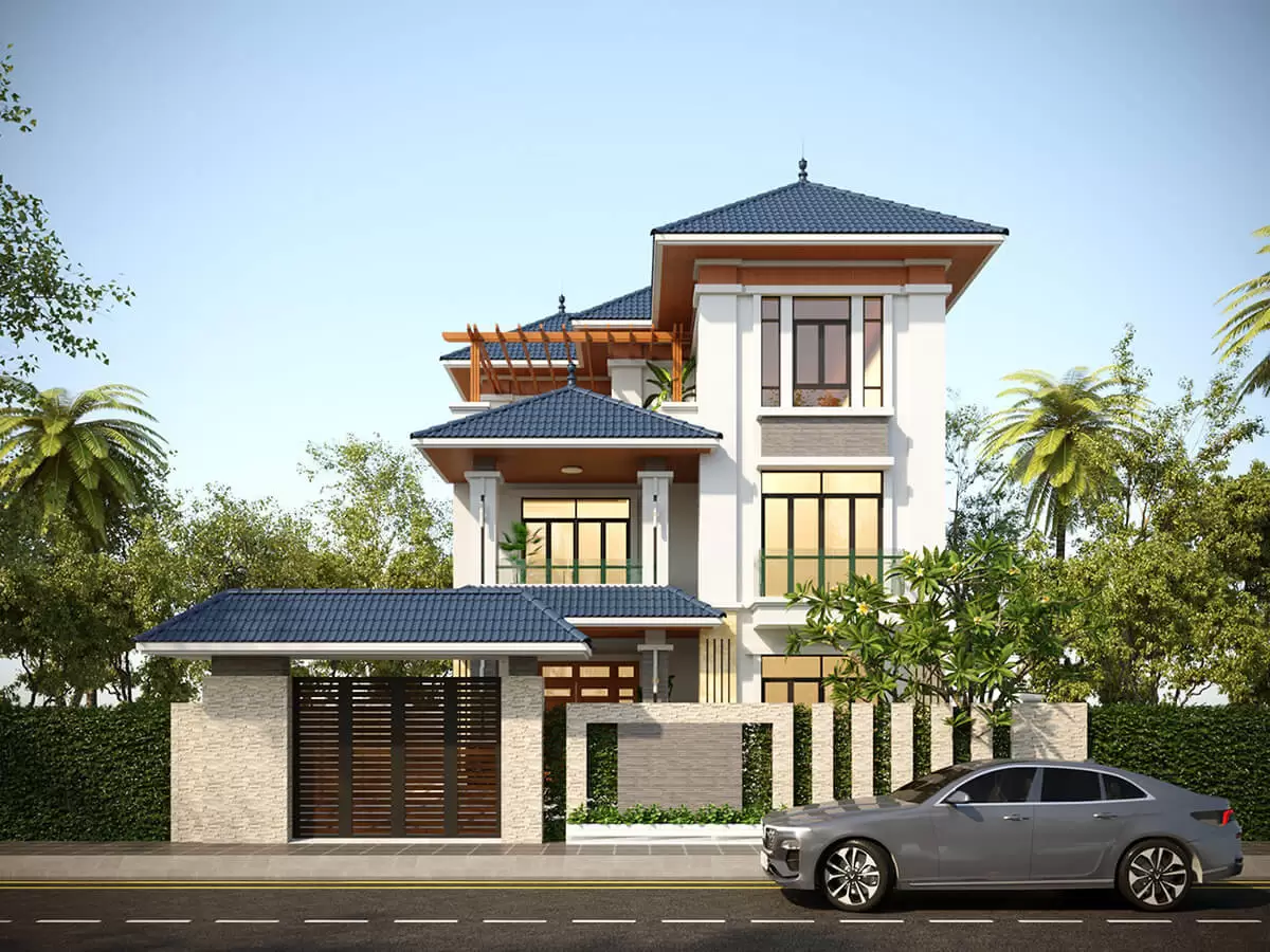 Mẫu biệt thự 3 tầng chữ L hiện đại, đơn giản